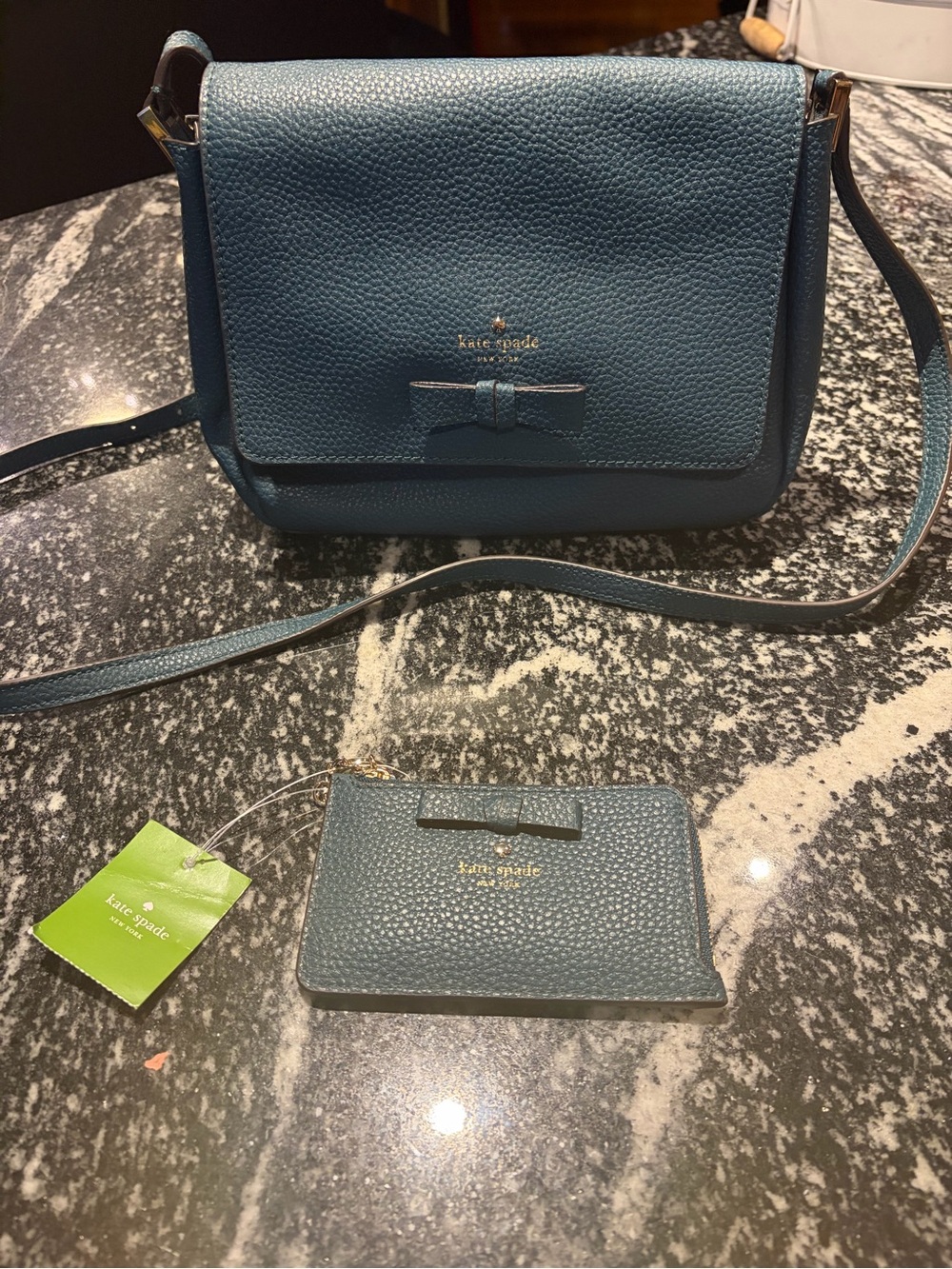 kate spade Teal Pebbled Leather Crossbody with Matching Card Case